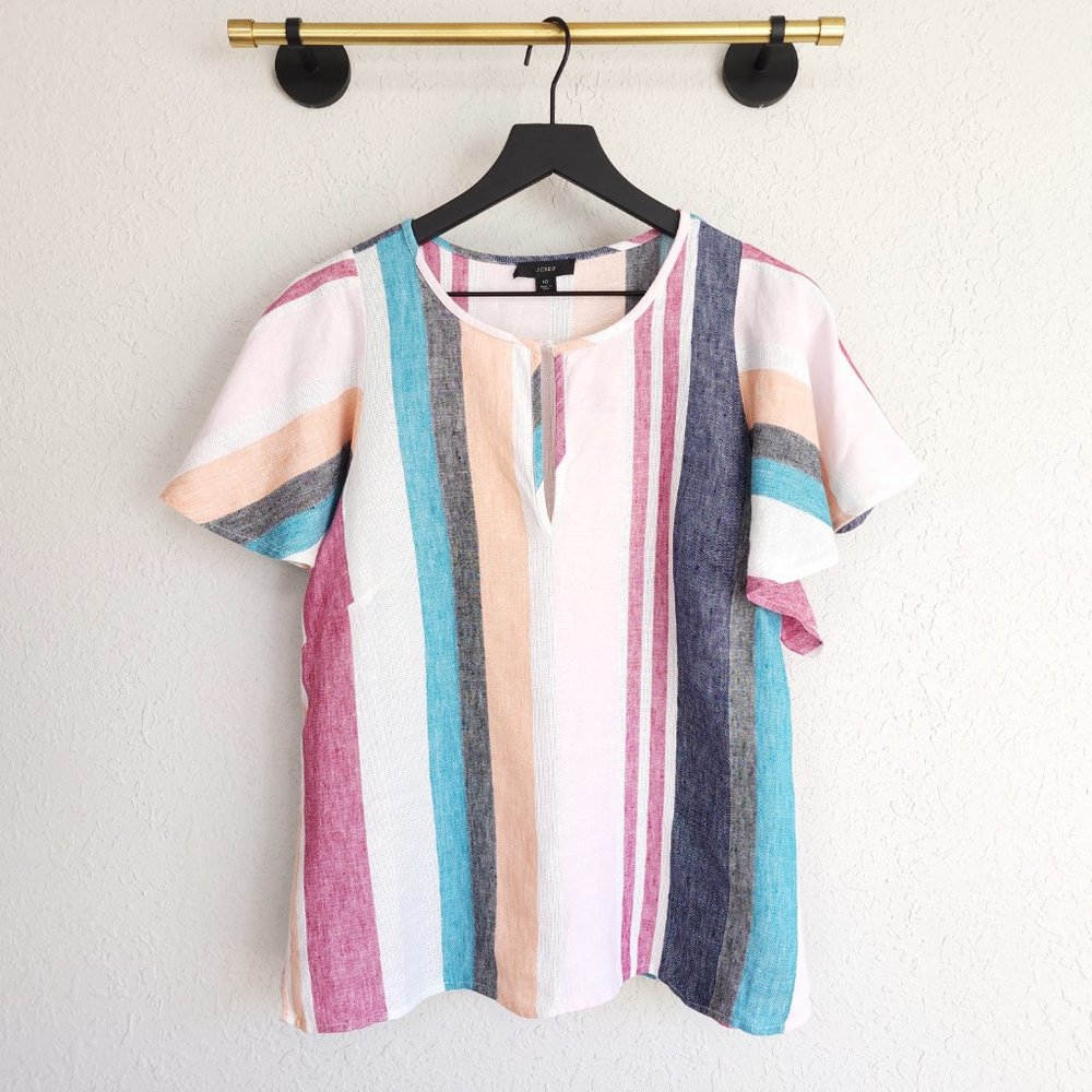 J. Crew 10 Mixed Stripe Linen Scoop-Neck Ruffle Sleeve Lightweight Top